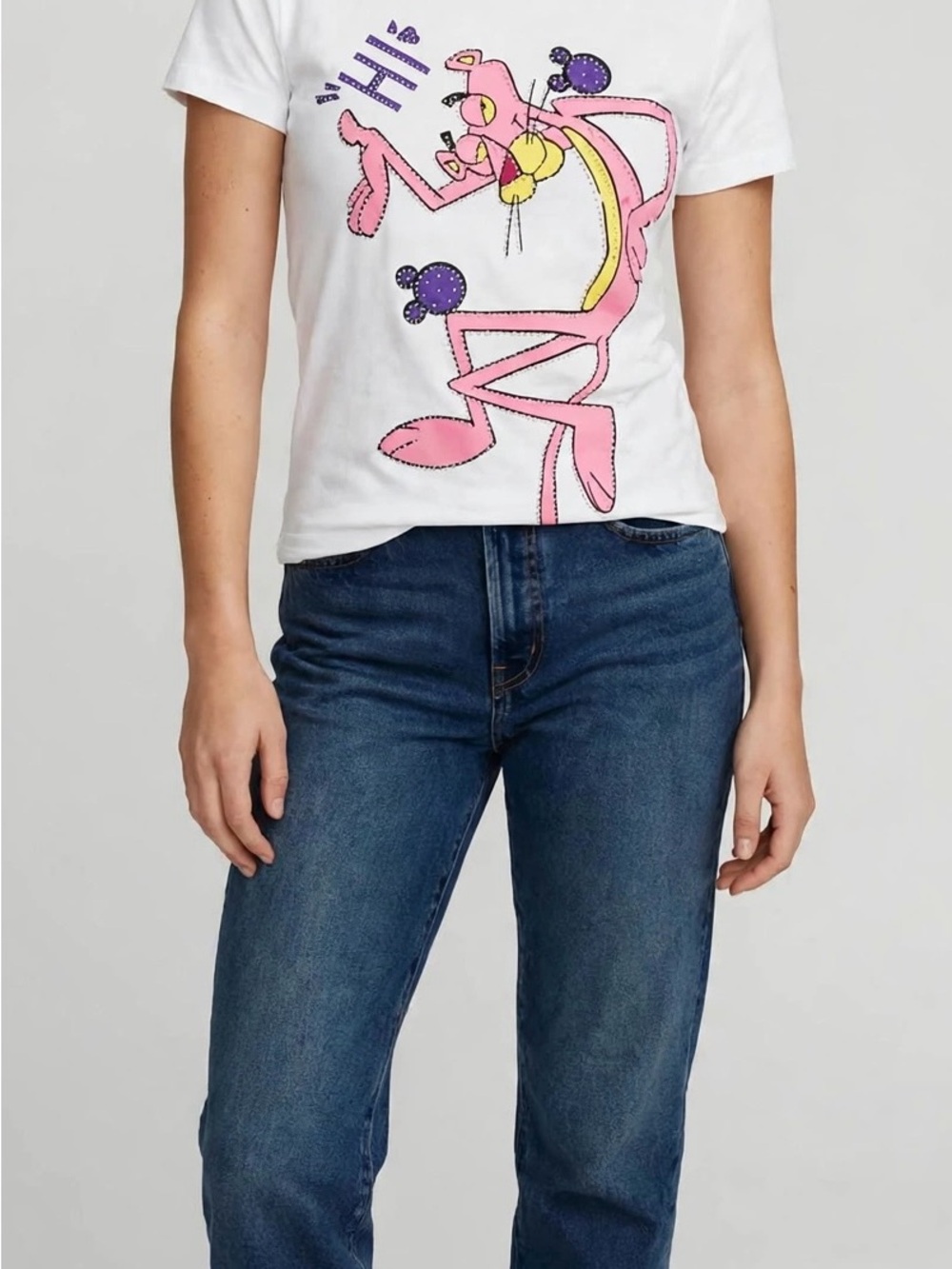 White Short-Sleeve Tee with Pink Panther Graphic